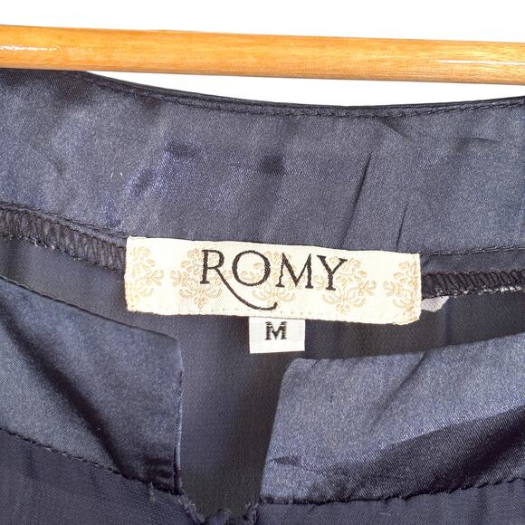 Romy sheer floral chiffon blouse M navy pink border print y2k boho - Picture 3 of 3